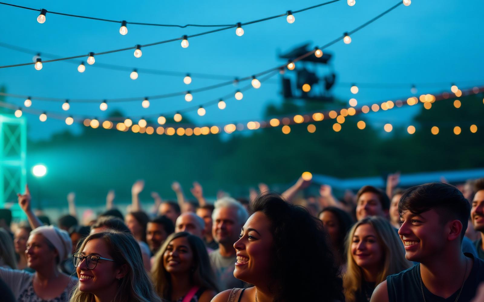 A crowd enjoying an outdoor evening event under string lights